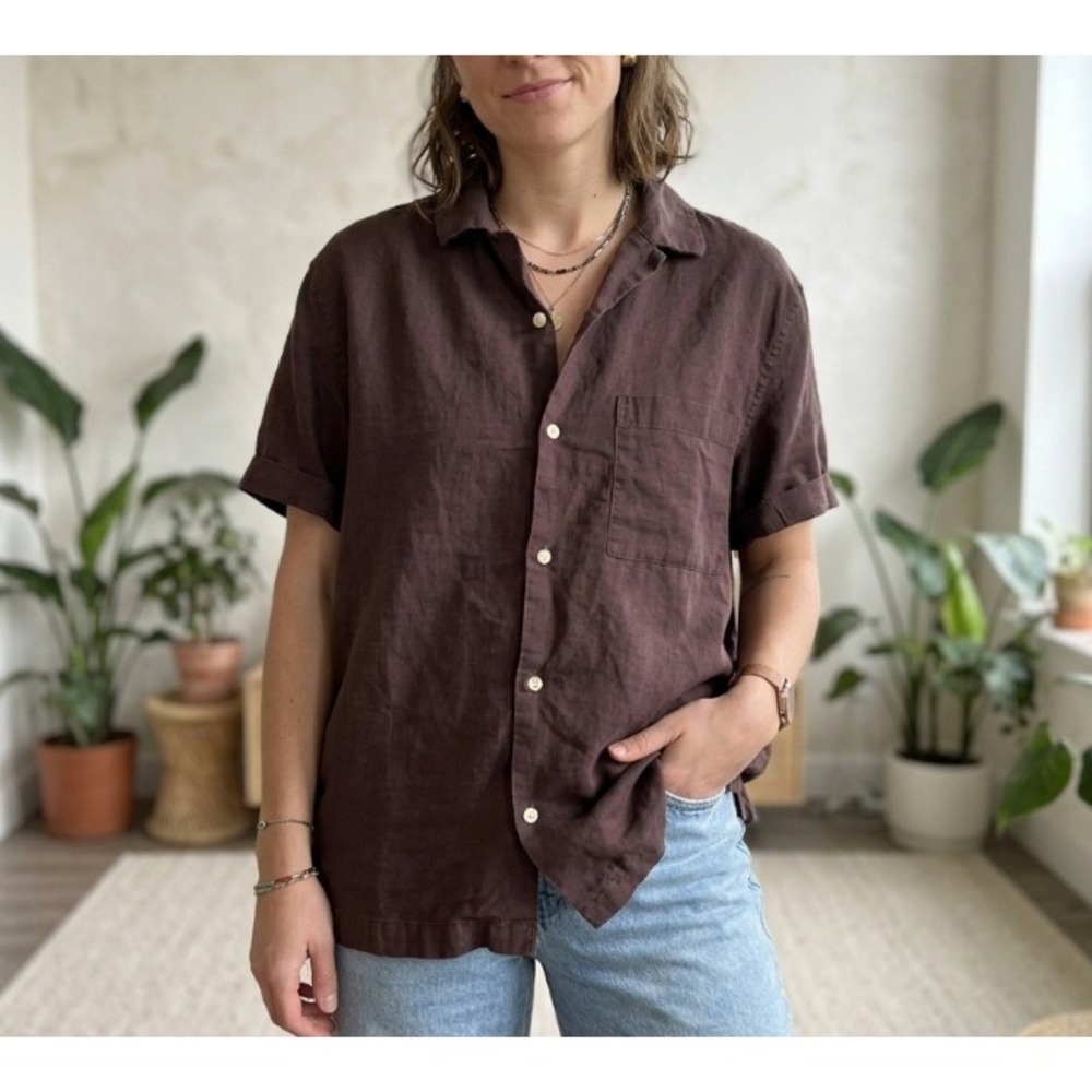 Linen Blend Short Sleeve Button Down Shirt Brown Regular Fit Size M